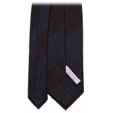 Viola Milano - Raw Block Stripe 3-Fold Grenadine Tie - Denim/Brown - Handmade in Italy - Luxury Exclusive Collection