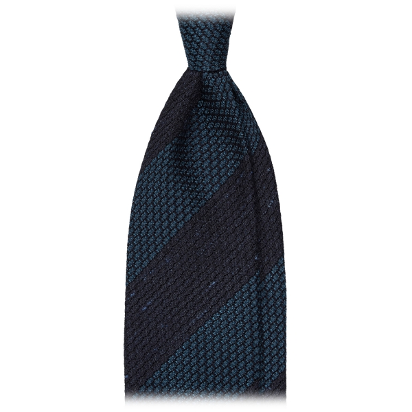 Viola Milano - Raw Block Stripe 3-Fold Grenadine Tie - Denim/Sea - Handmade in Italy - Luxury Exclusive Collection