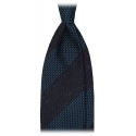 Viola Milano - Raw Block Stripe 3-Fold Grenadine Tie - Denim/Sea - Handmade in Italy - Luxury Exclusive Collection