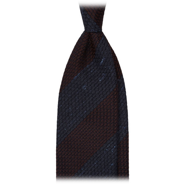 Viola Milano - Raw Block Stripe 3-Fold Grenadine Tie - Denim/Wine - Handmade in Italy - Luxury Exclusive Collection