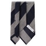 Viola Milano - Stripe 3-Fold Woven Grenadine Tie - Navy/White - Handmade in Italy - Luxury Exclusive Collection