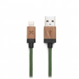 Woodcessories - Walnut / Green - Wooden Mfi Lightning Cable 1.2 m - Eco Cable - Wooden Apple USB Lighting Cable