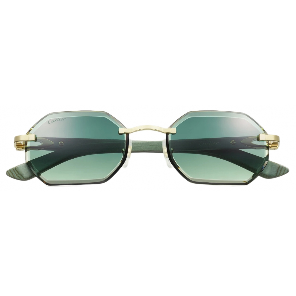 Cartier Square Green Wood Gold Green Lenses Signature C de