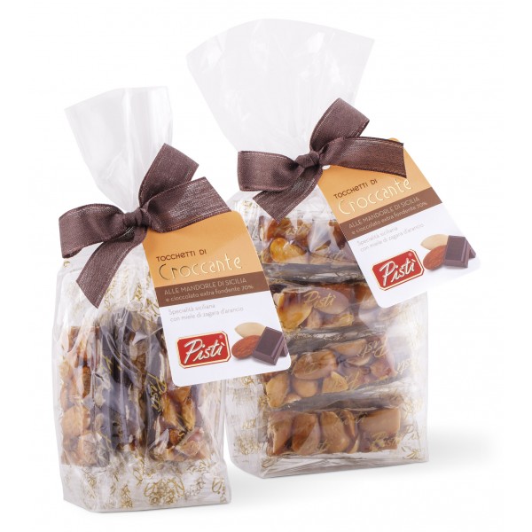 Pistì - Pieces of Crunchy with Sicilian Almonds with Dark Chocolate - Fine Pastry in Envelope with Bow - 100 g
