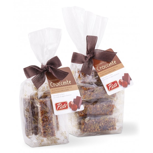 Pistì - Pieces of Crunchy with Sicilian Hazelnut with Milk Chocolate - Fine Pastry in Envelope with Bow - 200 g
