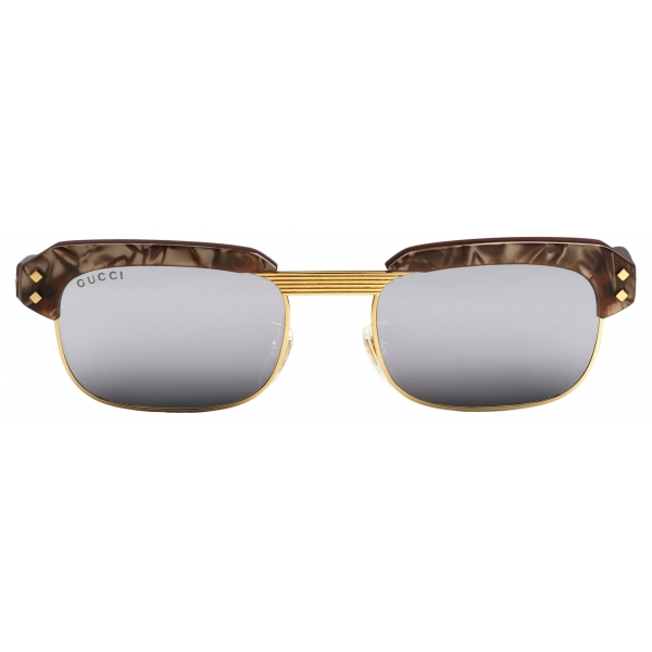 Gucci - Rectangular Frame Sunglasses - Brown Silver - Gucci Eyewear