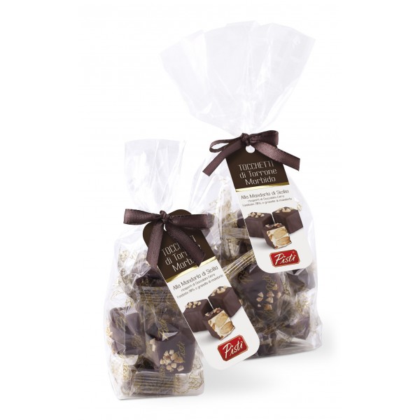 Pistì - Tocchetti di Torrone Morbido alle Mandorle di Sicilia con Cioccolato Fondente - Fine Pasticceria in Busta Fiocco - 100 g