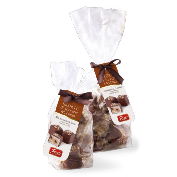 Pistì - Soft Nougat Chunks with Sicilian Hazelnuts Covered with Milk Chocolate - Fine Pastry in Envelope with Bow - 100 g