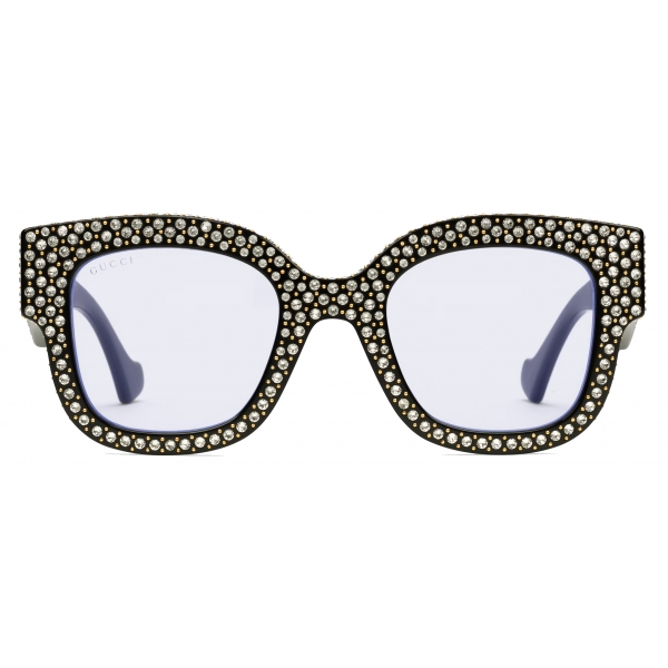 Gucci - Rectangular Frame Sunglasses - Shiny Black with Crystals - Gucci Eyewear