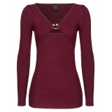 Pinko - Ribbed Wool Sweater with Gold Detail - Bordeaux - Sweater - Made in Italy - Luxury Exclusive Collection