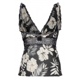 Pinko - Flower Print Top with Lace Detail - Black - Top - Made in Italy - Luxury Exclusive Collection