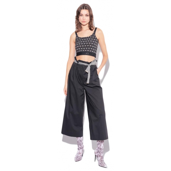Pinko - Wide Leg Cropped Poplin Trousers - Black - Trousers - Made in Italy - Luxury Exclusive Collection