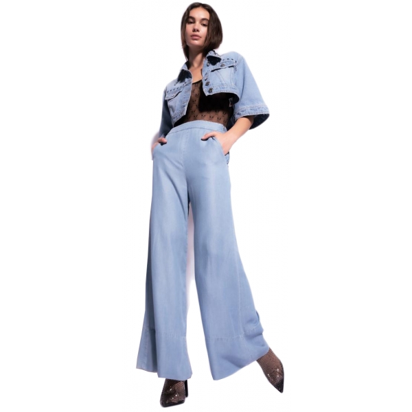 Pinko - Lightweight Denim Palazzo Trousers - Blue - Trousers - Made in Italy - Luxury Exclusive Collection