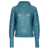 Pinko - Laminated Effect Knitted Pullover - Light Blue - Sweater - Made in Italy - Luxury Exclusive Collection