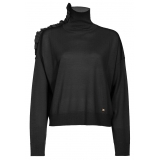 Pinko - Wool Turtleneck with Rouche - Black - Sweater - Made in Italy - Luxury Exclusive Collection