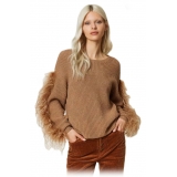 Twinset - Sweater with Removable Feather Detail - Brown - Knitwear - Made in Italy - Luxury Exclusive Collection
