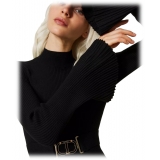 Twinset - Ribbed Mock Neck Sweater with Belt - Black - Knitwear - Made in Italy - Luxury Exclusive Collection