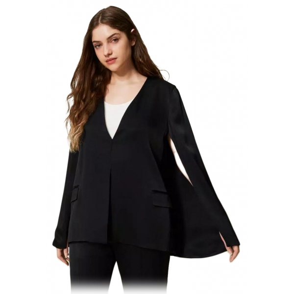 Twinset - Opaque Satin Cape Blazer - Black - Jackets - Made in Italy - Luxury Exclusive Collection