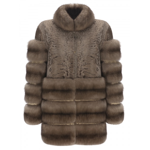 La Prima Luxury - Alisa - Swakara Perisano Fur - Dove - Python - 18 kt Gold - Fur Coat - Luxury Exclusive Collection