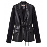 Twinset - Nappa-Effect Blazer with Lace Sleeves - Black - Jackets - Made in Italy - Luxury Exclusive Collection