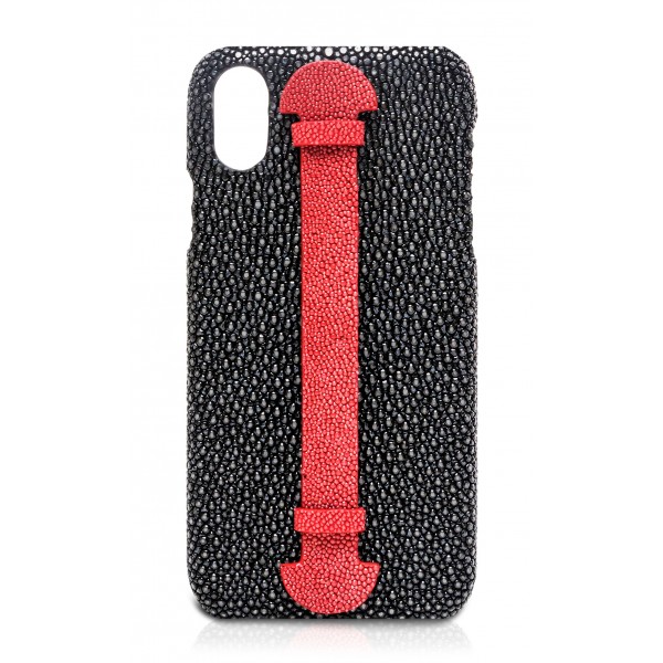Ammoment - Razza in Rosso e Nero - Cover in Pelle con Supporto per le Dita - Finger Cover - iPhone X