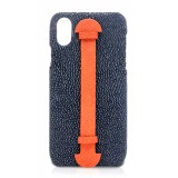 Ammoment - Razza in Navy e Arancione - Cover in Pelle con Supporto per le Dita - Finger Cover - iPhone X