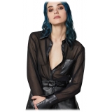 Patrizia Pepe - Transparent Shirt with Faux Leather Details - Black - Shirt - Made in Italy - Luxury Exclusive Collection
