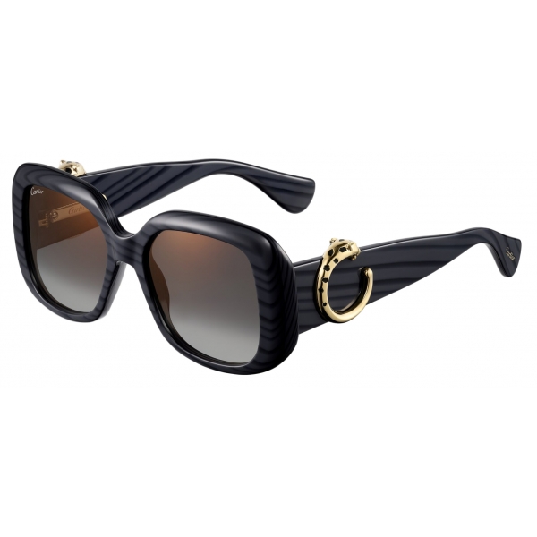 Cartier - Square - Gray Striped Gold Grey Lenses - Panthère de Cartier Collection - Sunglasses - Cartier Eyewear