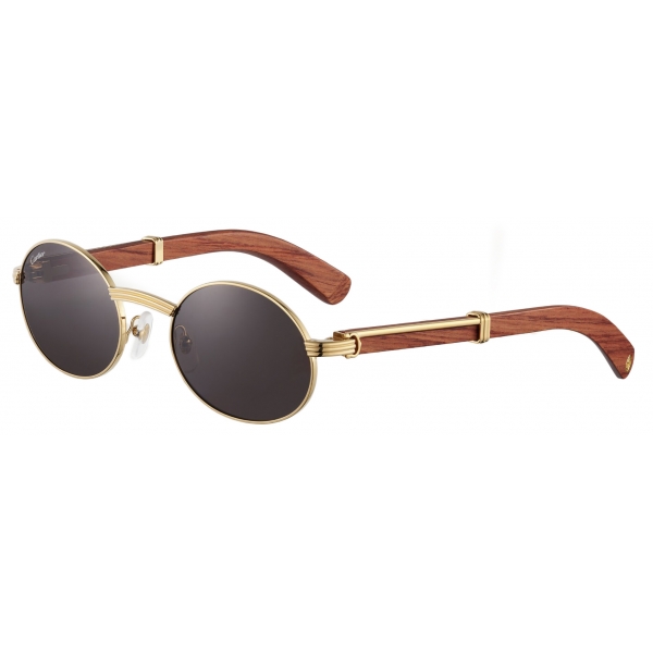 Cartier - Ovali - Legno Marrone Oro Grigio - Première de Cartier Collection - Occhiali da Sole - Cartier Eyewear