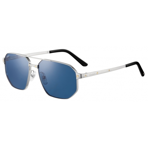 Cartier - Rectangular - Brushed Platinum Blue Lenses - Santos de Cartier Collection - Sunglasses - Cartier Eyewear