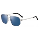 Cartier - Rectangular - Brushed Platinum Blue Lenses - Santos de Cartier Collection - Sunglasses - Cartier Eyewear