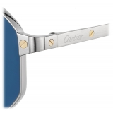 Cartier - Rettangolare - Platino Spazzolata Lenti Blu - Santos de Cartier Collection - Occhiali da Sole - Cartier Eyewear