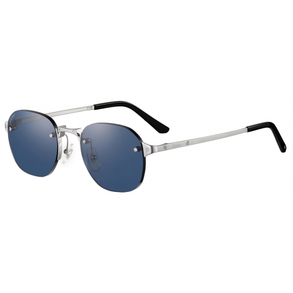 Cartier - Rectangular - Brushed Platinum Blue Lenses - Santos de Cartier Collection - Sunglasses - Cartier Eyewear