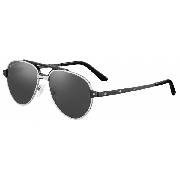 Cartier - Pilota - Platino Spazzolata Lenti Nero - Santos de Cartier Collection - Occhiali da Sole - Cartier Eyewear