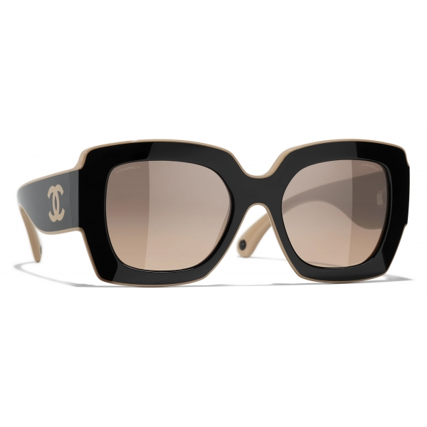 Chanel - Square Sunglasses - Black Beige Light Brown