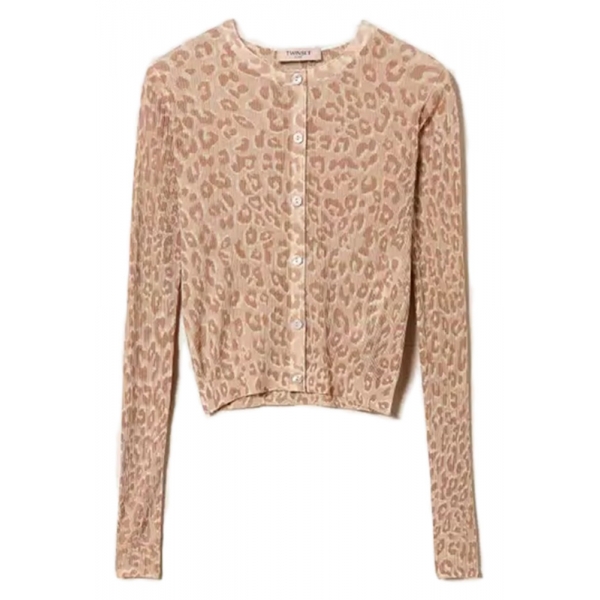 Twinset - Cotton Cardigan with Animal Print - Beige - Knitwear - Made in Italy - Luxury Exclusive Collection