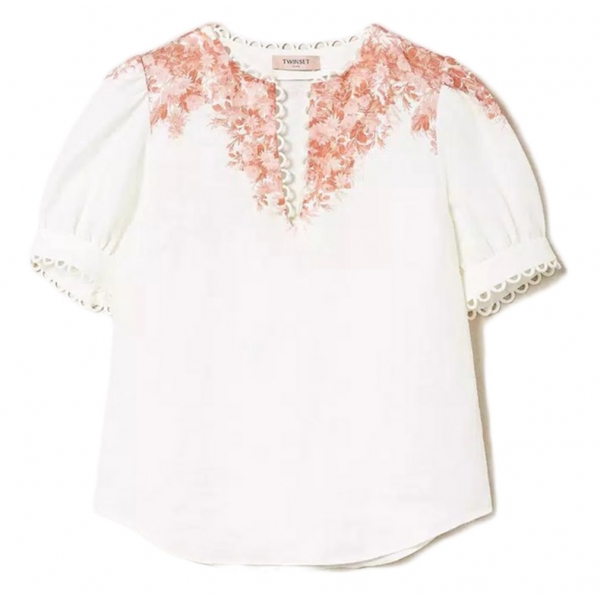 Twinset - Floral Fantasy Linen Blouse - White/Pink - Shirt - Made in Italy - Luxury Exclusive Collection
