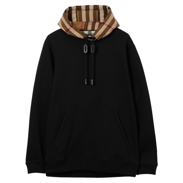 Burberry - Cotton Blend Hooded Sweatshirt with Tartan Pattern - Black / Birch Brown - Exclusive Burberry Collection