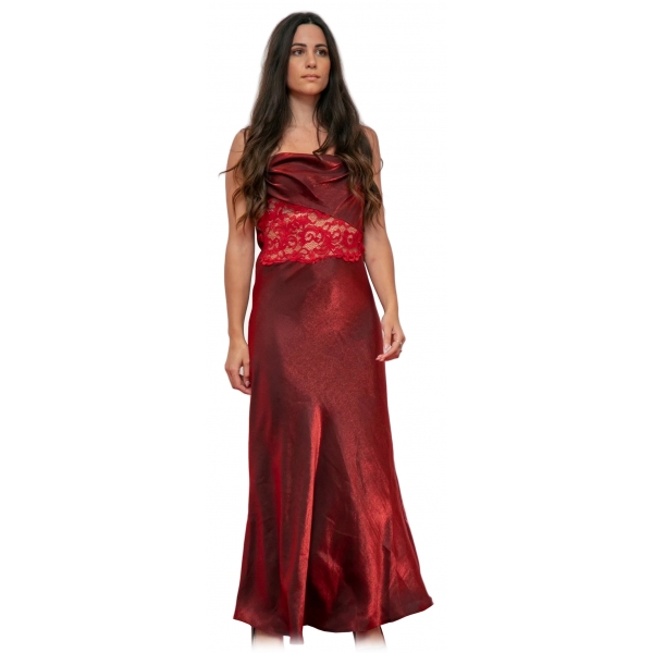 Miriam Tirinzoni - Abito Elegante Rosso in Seta con Dettaglio in Pizzo - Abiti - Luxury Exclusive Collection