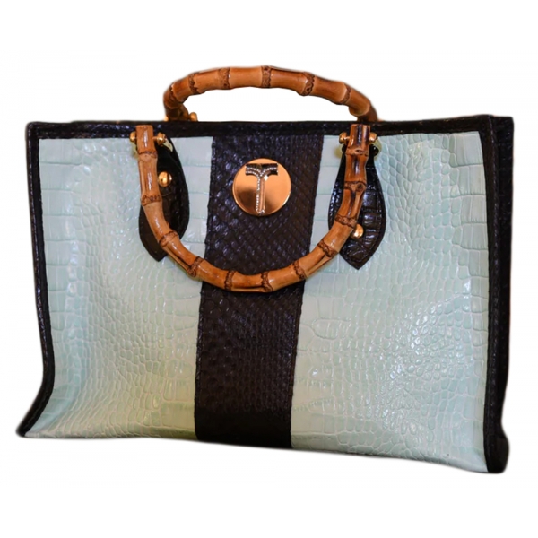 Miriam Tirinzoni - Borsa Color Bianco e Marrone con Manico in Bamboo - Borsa - Luxury Exclusive Collection