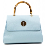 Miriam Tirinzoni - Calf Leather Bag with Bamboo Handle - Light Blue - Bags - Luxury Exclusive Collection