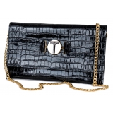 Miriam Tirinzoni - Black Calf Leather Bag with Crocodile Print - Bags - Luxury Exclusive Collection