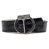 Miriam Tirinzoni - Black Calf Leather Belt with Crocodile Print - Belt - Luxury Exclusive Collection