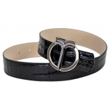 Miriam Tirinzoni - Black Calf Leather Belt with Crocodile Print - Belt - Luxury Exclusive Collection