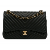 Chanel Vintage - Jumbo Classic Chevron Lambskin Double Flap - Black - Leather and Lambskin Handbag - Luxury High Quality