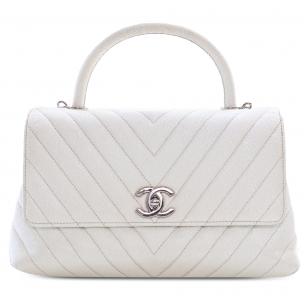 Chanel Vintage - Medium Caviar Chevron Coco Top Handle Satchel - White - Leather and Lambskin Handbag - Luxury High Quality