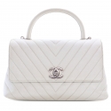 Chanel Vintage - Medium Caviar Chevron Coco Top Handle Satchel - White - Leather and Lambskin Handbag - Luxury High Quality