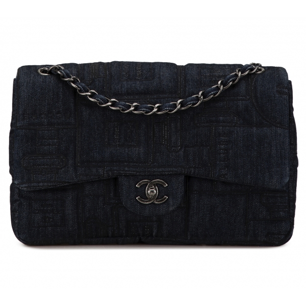 Chanel Vintage - Jumbo Embroidered Denim Perfume Bottle Single Flap - Nera - Borsa in Pelle e Agnello - Alta Qualità Luxury