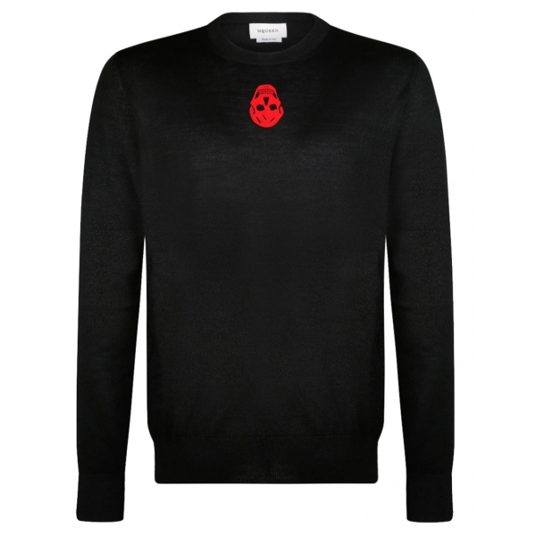 Alexander McQueen - Maglione in Maglia Nera con Logo Teschio - Nero Rosso - Alexander McQueen Exclusive Luxury Collection