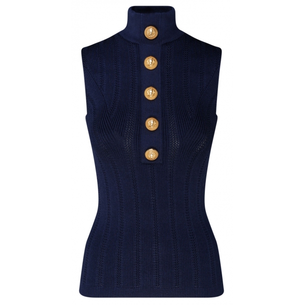 Balmain - Pointelle Knit High Neck Top - Navy Blue - Balmain Exclusive Luxury Collection